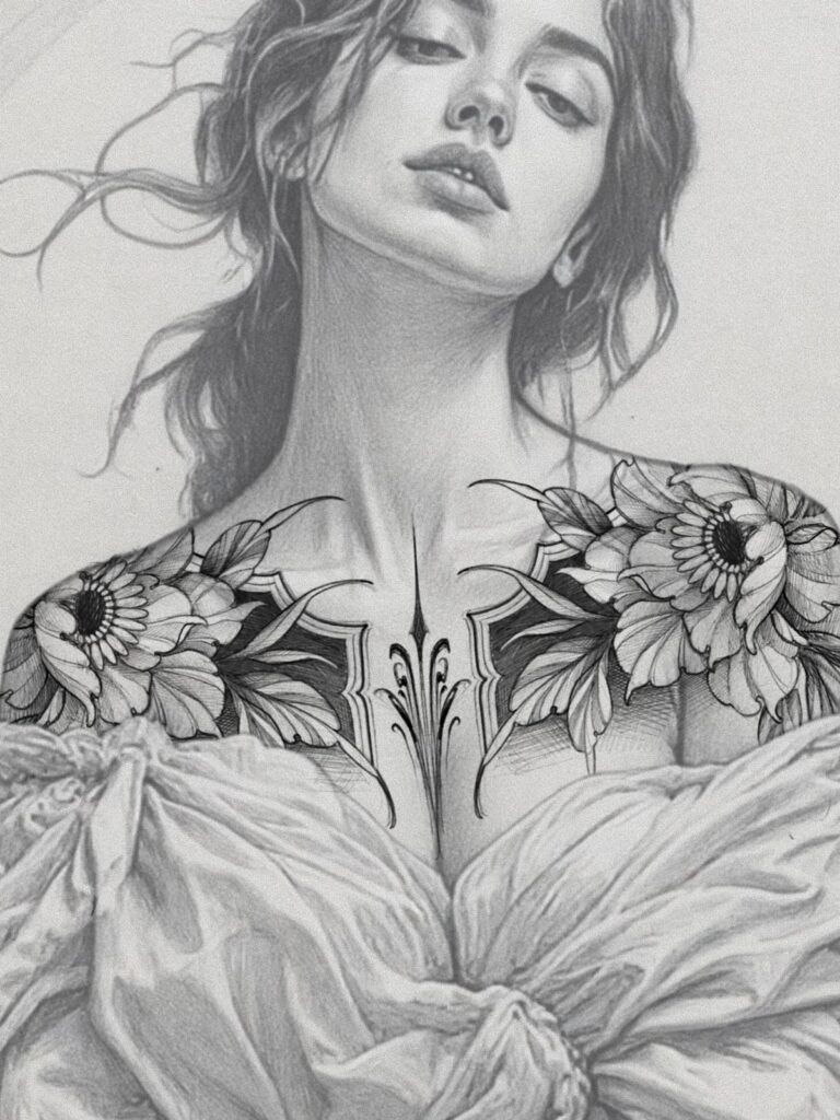 Woman with detailed floral and ornamental chest tattoos in a pencil sketch style.