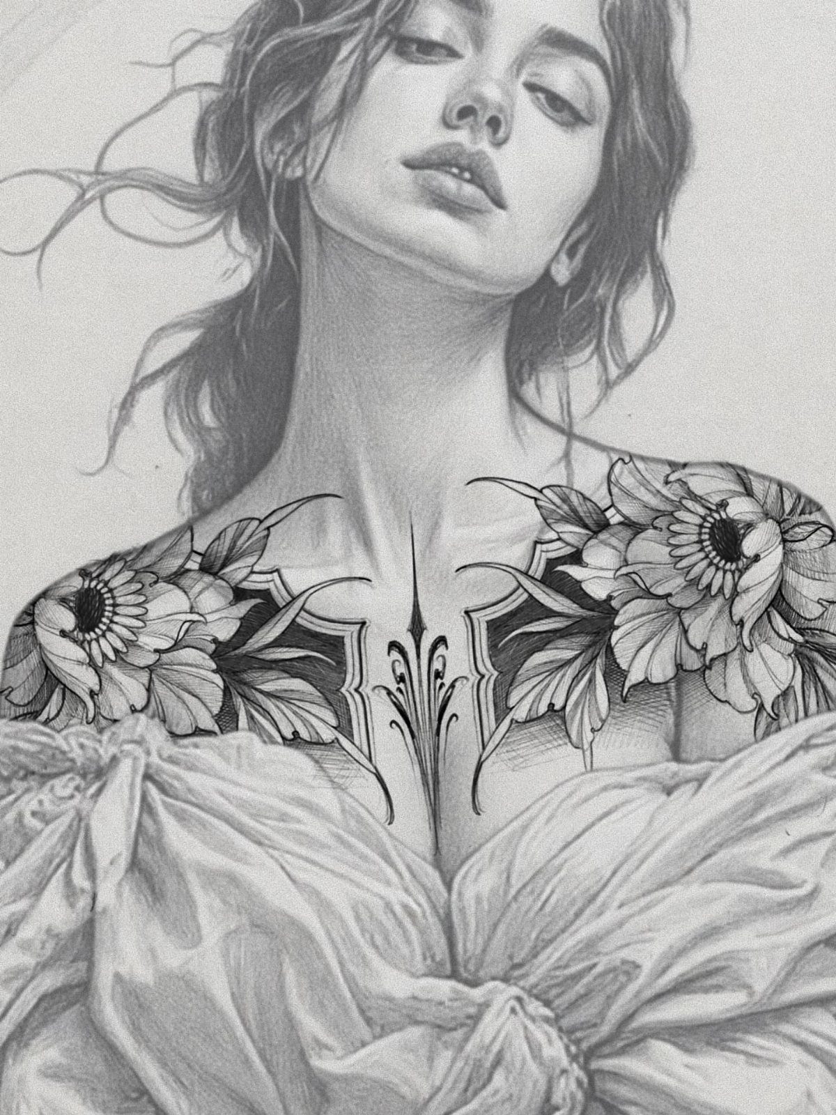 Woman with detailed floral and ornamental chest tattoos in a pencil sketch style.