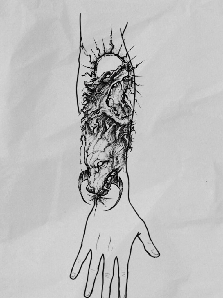 Forearm tattoo design sketch featuring two wolves and a sun on wrinkled paper.