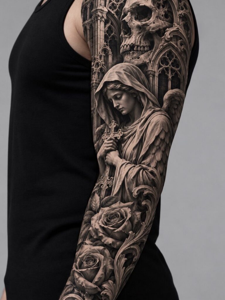 Detailed black and grey realism tattoo of an angel, skull, and roses on an arm