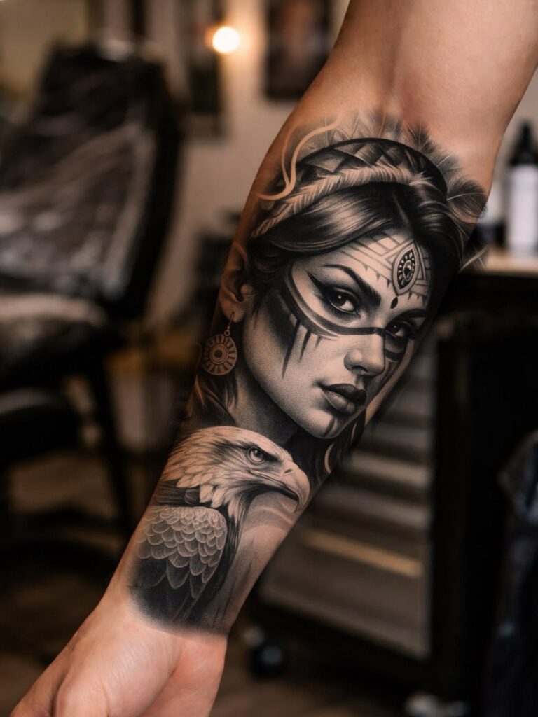 Detailed black and grey tattoo of a woman and eagle on a forearm