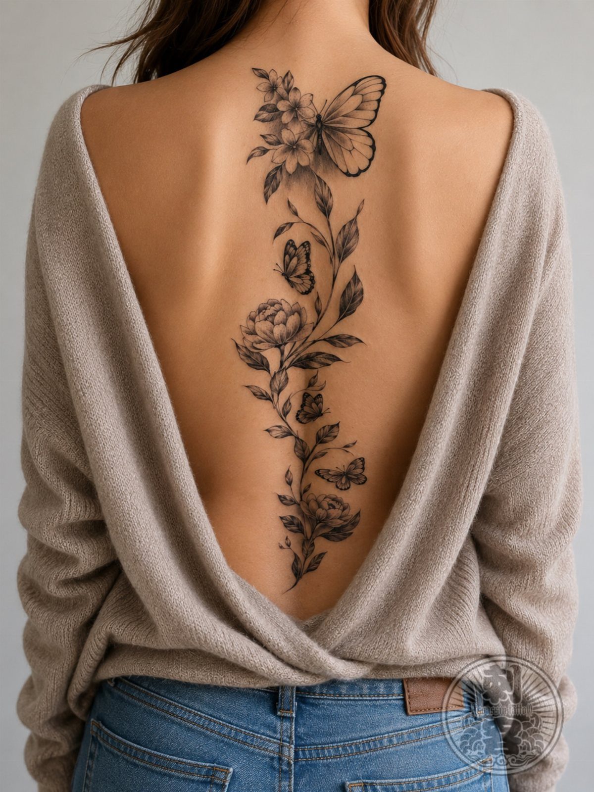 Woman's back with a vertical floral and butterfly tattoo in black and grey ink.