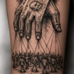 Detailed black and grey tattoo of a money hand controlling businessmen like puppets.