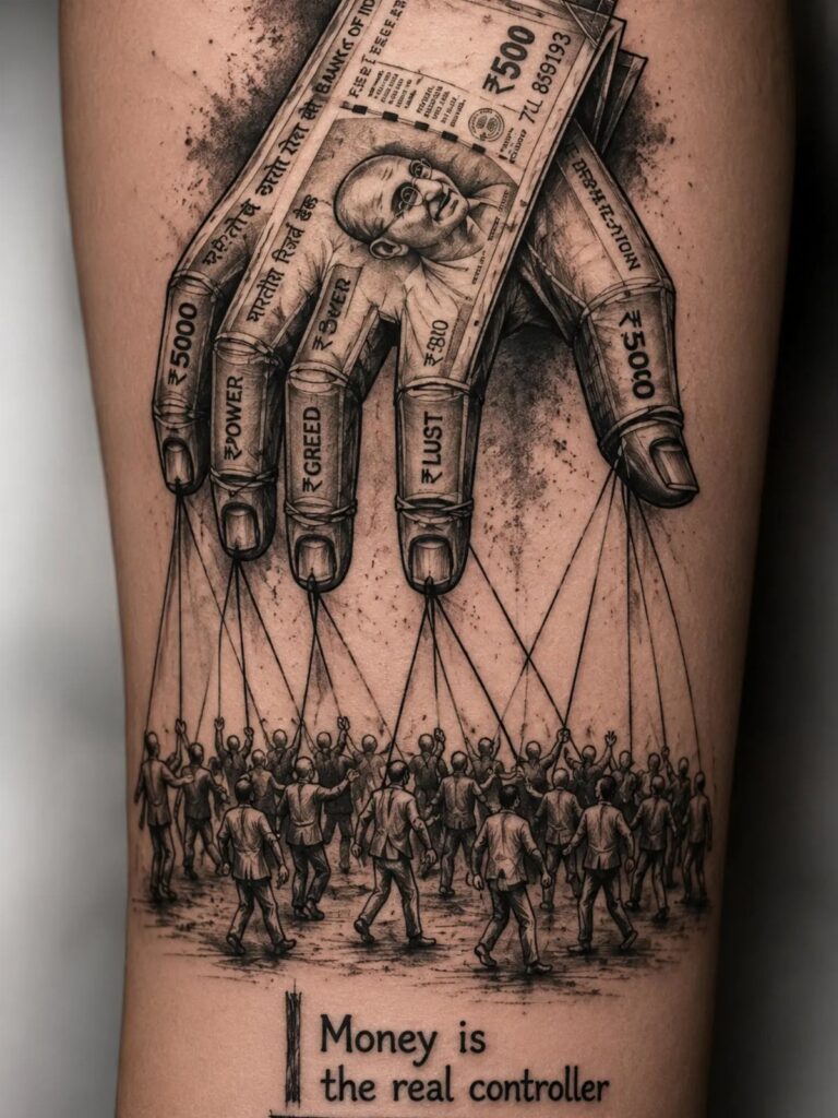 Detailed black and grey tattoo of a money hand controlling businessmen like puppets.