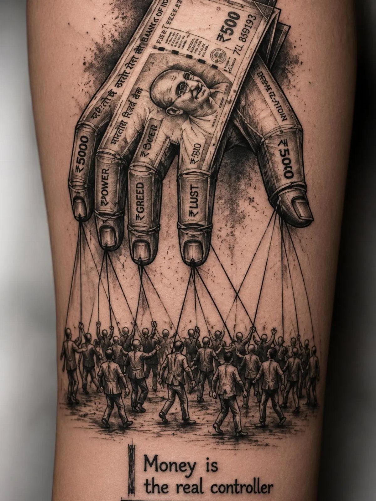 Detailed black and grey tattoo of a money hand controlling businessmen like puppets.