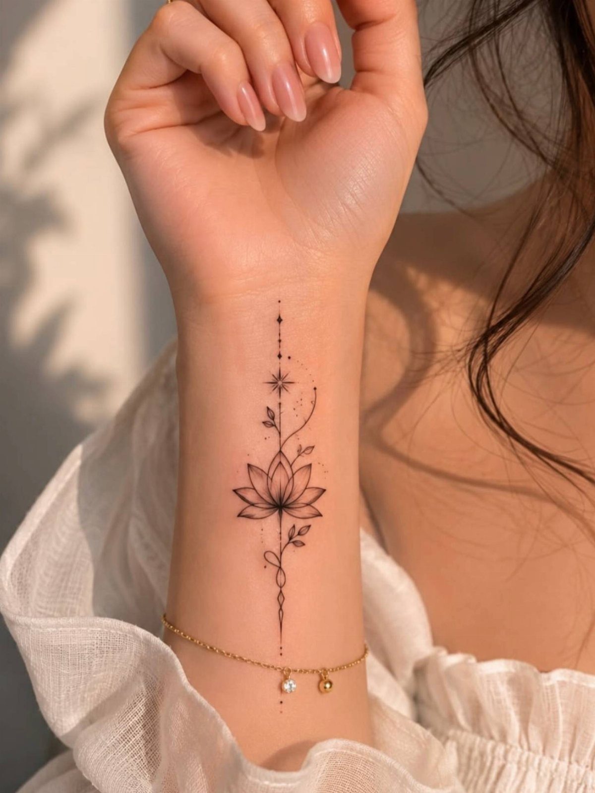 Woman's wrist with a black ink lotus flower tattoo and a gold bracelet